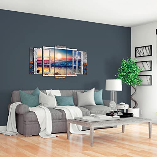 DekoArte 495 - Cuadros Modernos Impresión de Imagen Artística Digitalizada | Lienzo Decorativo Para Salón o Dormitorio | Estilo Paisajes Vistas Puesta de Sol en Playa desde Ventana | 5 Piezas 150x80cm
