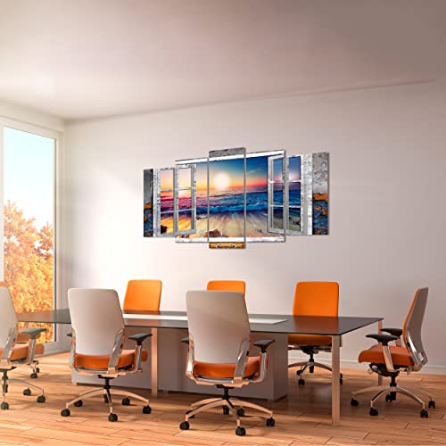 DekoArte 495 - Cuadros Modernos Impresión de Imagen Artística Digitalizada | Lienzo Decorativo Para Salón o Dormitorio | Estilo Paisajes Vistas Puesta de Sol en Playa desde Ventana | 5 Piezas 150x80cm