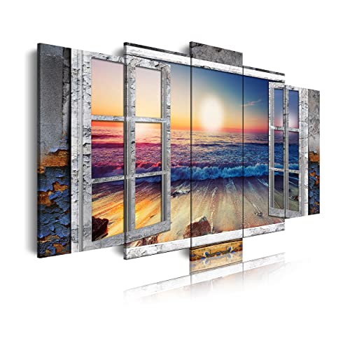 DekoArte 495 - Cuadros Modernos Impresión de Imagen Artística Digitalizada | Lienzo Decorativo Para Salón o Dormitorio | Estilo Paisajes Vistas Puesta de Sol en Playa desde Ventana | 5 Piezas 150x80cm