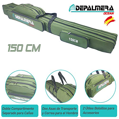 DEPALMERA✮ Funda Bolsa para Caña de Pescar 150cm, Color Verde, Tela Oxford Impermeable, Bolso Doble de Pesca para Cañas y Accesorios, Bolsas Tubo Mochila Surfcasting