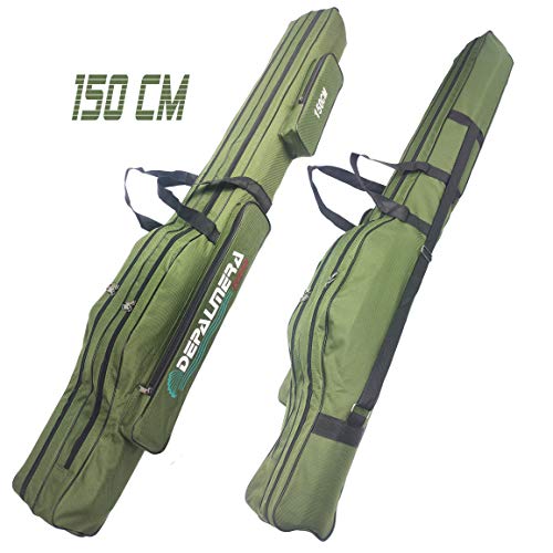 DEPALMERA✮ Funda Bolsa para Caña de Pescar 150cm, Color Verde, Tela Oxford Impermeable, Bolso Doble de Pesca para Cañas y Accesorios, Bolsas Tubo Mochila Surfcasting