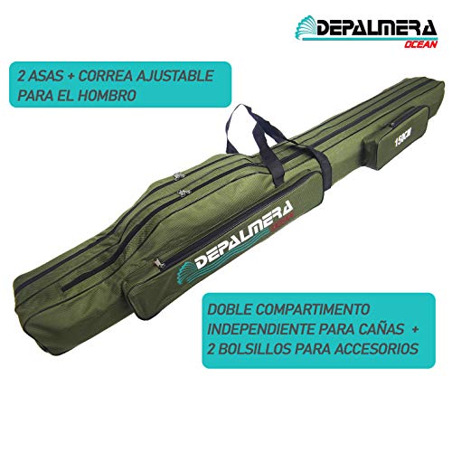 DEPALMERA✮ Funda Bolsa para Caña de Pescar 150cm, Color Verde, Tela Oxford Impermeable, Bolso Doble de Pesca para Cañas y Accesorios, Bolsas Tubo Mochila Surfcasting