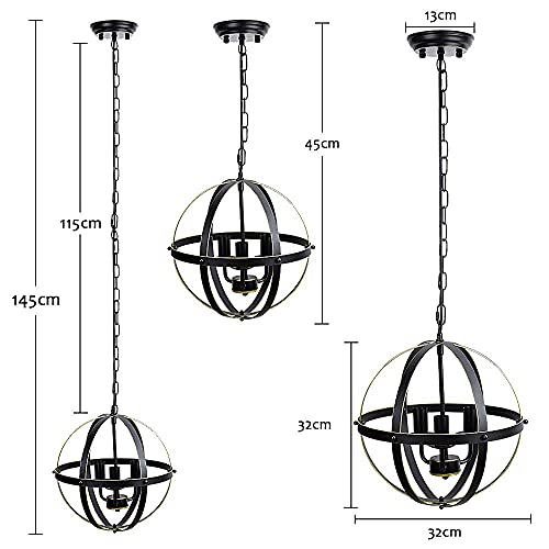 Depuley Lámpara de techo industrial para colgar, lámpara de techo de metal dorado, colgante de bola de bola de bola de globo E14, 3 bombillas no incluidas, diámetro de 32 cm