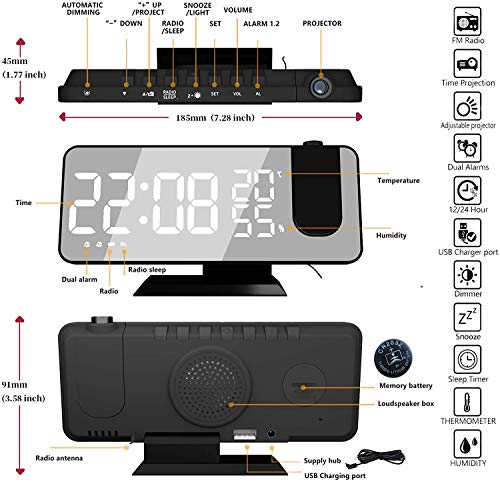 Despertador Proyector, con Función de Radio FM, Pantalla de Espejo LED de 7", Brillo de 4 Niveles, Carga USB, Proyección nítida y fácil de Usar, Utilizado en la Oficina en casa, Dormitorio