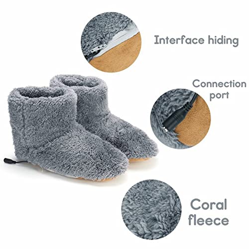 DFFH Eléctrico Calentador de Pies Carga USB Zapatilla de Calefacción Suave Cómodo Felpa Zapatos Calefactados Lavable Invierno Botas Cálidas para Mujer Hombre Oficina Interior Hogar,Gris