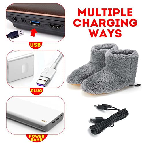 DFFH Eléctrico Calentador de Pies Carga USB Zapatilla de Calefacción Suave Cómodo Felpa Zapatos Calefactados Lavable Invierno Botas Cálidas para Mujer Hombre Oficina Interior Hogar,Gris