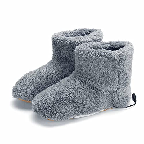 DFFH Eléctrico Calentador de Pies Carga USB Zapatilla de Calefacción Suave Cómodo Felpa Zapatos Calefactados Lavable Invierno Botas Cálidas para Mujer Hombre Oficina Interior Hogar,Gris