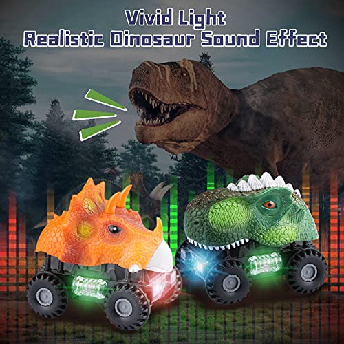 Dinosaurio Coche, 2 Coches de Juguetes de Dinosaurios con Luces LED y Sonidos, Divertidos Dino Cars Regalos Cumpleaños para Niños Niñas de 3+ Años