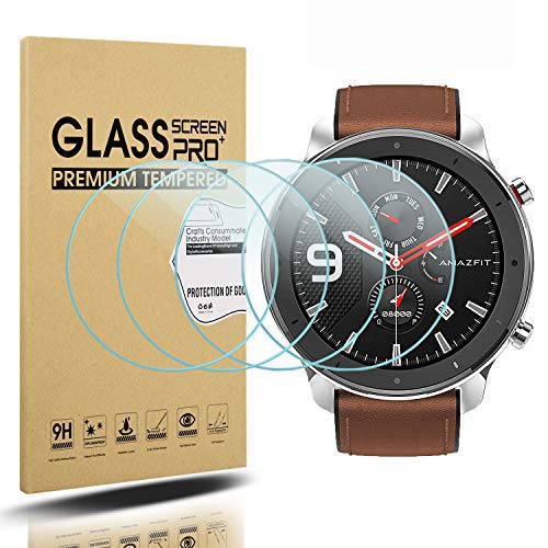 Diruite 4 Pack Compatible con Amazfit GTR 47mm Cristal Templado Protector Pantalla,HD Film 9H Dureza Transparente Antiarañazos