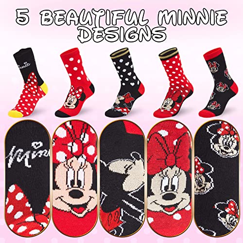 Disney Calcetines Mujer Divertidos de Minnie Mouse, Pack de 5 Calcetines Altos Mujer, Regalos Originales para Mujer (Negro/Rojo)