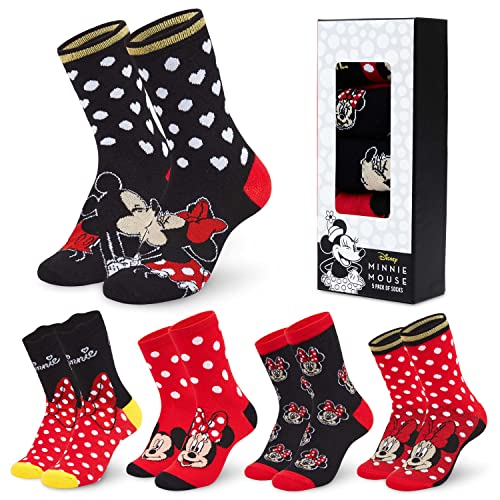 Disney Calcetines Mujer Divertidos de Minnie Mouse, Pack de 5 Calcetines Altos Mujer, Regalos Originales para Mujer (Negro/Rojo)