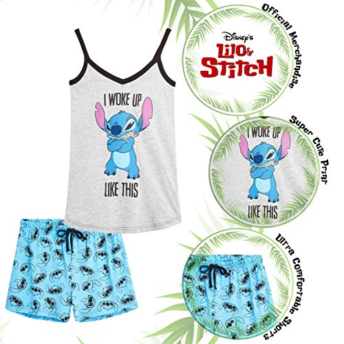 Disney Pijamas Mujer Verano, 2 Conjuntos de Dos Piezas Pantalones Cortos Mujer y Camiseta Tirantes con Personaje Stitch (Gris/Azul, S)