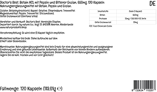 Doctor's Best, Betaína HCI con Pepsina y Genciana Amarga, 650 mg, 120 Cápsulas blandas, Altamente Dosificado, Probado en Laboratorio, Sin Soja, Sin Gluten, No GMO