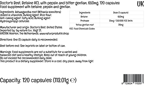 Doctor's Best, Betaína HCI con Pepsina y Genciana Amarga, 650 mg, 120 Cápsulas blandas, Altamente Dosificado, Probado en Laboratorio, Sin Soja, Sin Gluten, No GMO