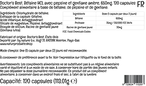 Doctor's Best, Betaína HCI con Pepsina y Genciana Amarga, 650 mg, 120 Cápsulas blandas, Altamente Dosificado, Probado en Laboratorio, Sin Soja, Sin Gluten, No GMO
