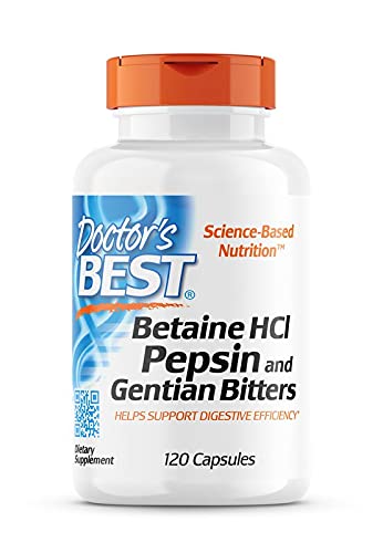 Doctor's Best, Betaína HCI con Pepsina y Genciana Amarga, 650 mg, 120 Cápsulas blandas, Altamente Dosificado, Probado en Laboratorio, Sin Soja, Sin Gluten, No GMO