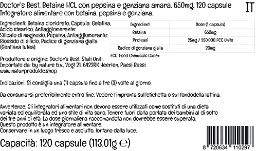Doctor's Best, Betaína HCI con Pepsina y Genciana Amarga, 650 mg, 120 Cápsulas blandas, Altamente Dosificado, Probado en Laboratorio, Sin Soja, Sin Gluten, No GMO