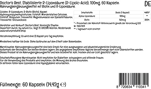 Doctor's Best, Stabilized R-Lipoic-Acid ( Ácido R-Lipoico Estabilizado ), 100 mg, 60 Cápsulas veganas, Sodio, Probado en Laboratorio, Sin Soja, Sin Gluten, No GMO