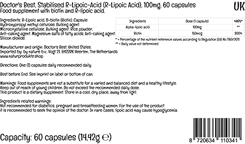Doctor's Best, Stabilized R-Lipoic-Acid ( Ácido R-Lipoico Estabilizado ), 100 mg, 60 Cápsulas veganas, Sodio, Probado en Laboratorio, Sin Soja, Sin Gluten, No GMO