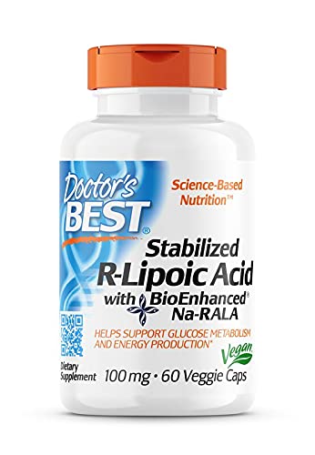 Doctor's Best, Stabilized R-Lipoic-Acid ( Ácido R-Lipoico Estabilizado ), 100 mg, 60 Cápsulas veganas, Sodio, Probado en Laboratorio, Sin Soja, Sin Gluten, No GMO