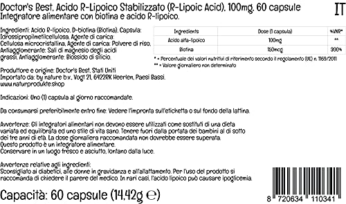 Doctor's Best, Stabilized R-Lipoic-Acid ( Ácido R-Lipoico Estabilizado ), 100 mg, 60 Cápsulas veganas, Sodio, Probado en Laboratorio, Sin Soja, Sin Gluten, No GMO