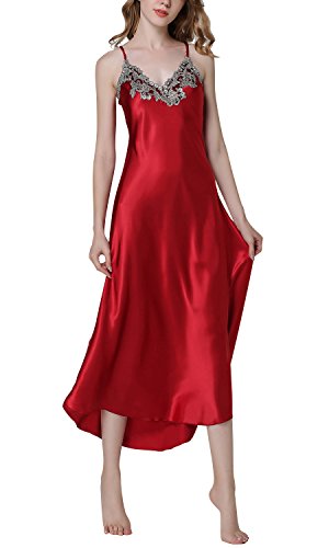 Dolamen Camisón para mujer, Mujer Largo Cordón Camisones raso Satin Pijamas, lencería Spaghetti Strap Babydoll Satén Neglige Lencería Ropa de Dormir (XX-Large, Rojo)