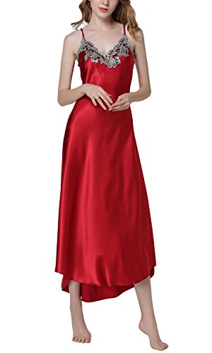 Dolamen Camisón para mujer, Mujer Largo Cordón Camisones raso Satin Pijamas, lencería Spaghetti Strap Babydoll Satén Neglige Lencería Ropa de Dormir (XX-Large, Rojo)