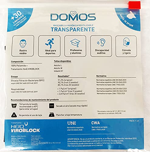 Domos Mascarilla Transparente Reutilizable Color NEGRO. UNE0065 CWA17533 Fabricada en España.… (Talla L)
