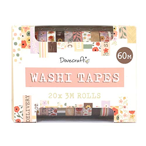 Dovecraft Washi - Caja de cinta adhesiva (20 diseños, 10 mm de ancho, 3 m, incluye caja de almacenamiento, para manualidades, papelería, diario, decoración del hogar, papel, multicolor, talla única