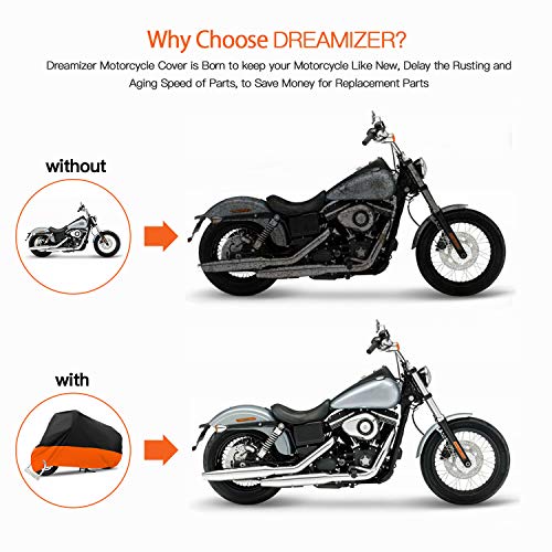 DREAMIZER Impermeable Funda para Moto, XXXL Cubierta Motocicleta con Orificio de Bloqueo para Cruiser Touring Interior, Exterior, Polvo, Nieve, Lluvia, Protección UV (295x110x140cm)