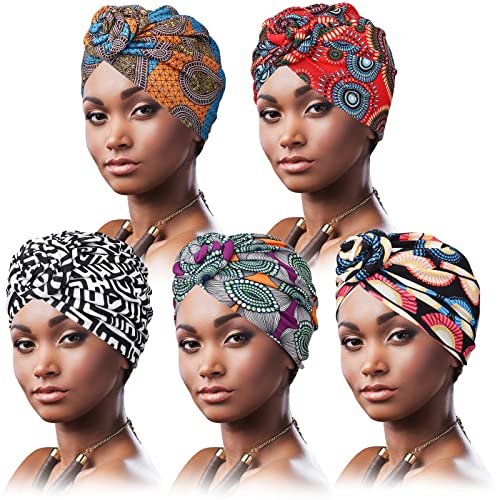 DRESHOW 5 Piezas Africano Turbante para Mujer Gorro de Nudo Pre Atado Suave Pañuelo de Cabeza Plisada de Moda Gorra de Dormi