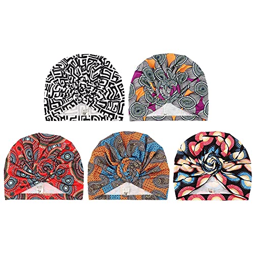 DRESHOW 5 Piezas Africano Turbante para Mujer Gorro de Nudo Pre Atado Suave Pañuelo de Cabeza Plisada de Moda Gorra de Dormi