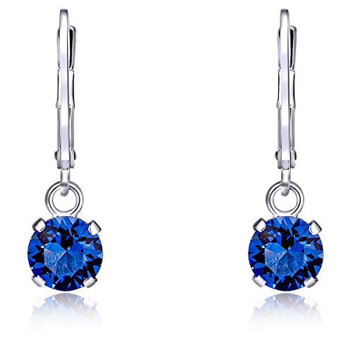 DTPsilver® Semental Pendientes/Aretes Cierre de palanca - Plata de Ley 925 con Cristal Swarovski® Elements Redondo - Diámetro: 6 mm - Color: Zafiro Azul
