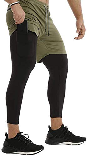 Ducomi Pantalón corto para hombre Fitness + Leggings de compresión 2 en 1 – Pantalones largos y pantalones cortos para gimnasio deportivas ligeras para correr, deportes, baloncesto Olive M