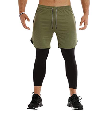 Ducomi Pantalón corto para hombre Fitness + Leggings de compresión 2 en 1 – Pantalones largos y pantalones cortos para gimnasio deportivas ligeras para correr, deportes, baloncesto Olive M