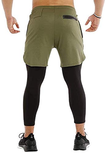 Ducomi Pantalón corto para hombre Fitness + Leggings de compresión 2 en 1 – Pantalones largos y pantalones cortos para gimnasio deportivas ligeras para correr, deportes, baloncesto Olive M