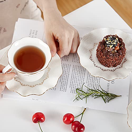 DUJUST Juego de 6 tazas y platillos de té (250 ml), taza de té de lujo con ribete dorado, tazas de café con estampado en relieve, juego de té de porcelana real británica para fiesta de té - blanco