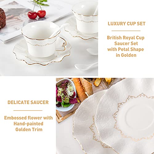 DUJUST Juego de 6 tazas y platillos de té (250 ml), taza de té de lujo con ribete dorado, tazas de café con estampado en relieve, juego de té de porcelana real británica para fiesta de té - blanco