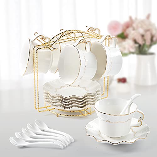 DUJUST Juego de 6 tazas y platillos de té (250 ml), taza de té de lujo con ribete dorado, tazas de café con estampado en relieve, juego de té de porcelana real británica para fiesta de té - blanco