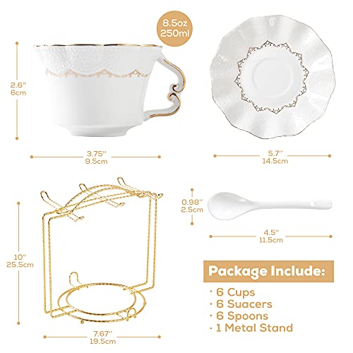 DUJUST Juego de 6 tazas y platillos de té (250 ml), taza de té de lujo con ribete dorado, tazas de café con estampado en relieve, juego de té de porcelana real británica para fiesta de té - blanco