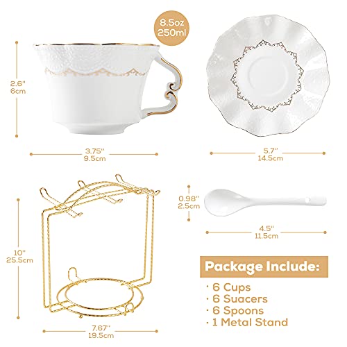 DUJUST Juego de 6 tazas y platillos de té (250 ml), taza de té de lujo con ribete dorado, tazas de café con estampado en relieve, juego de té de porcelana real británica para fiesta de té - blanco