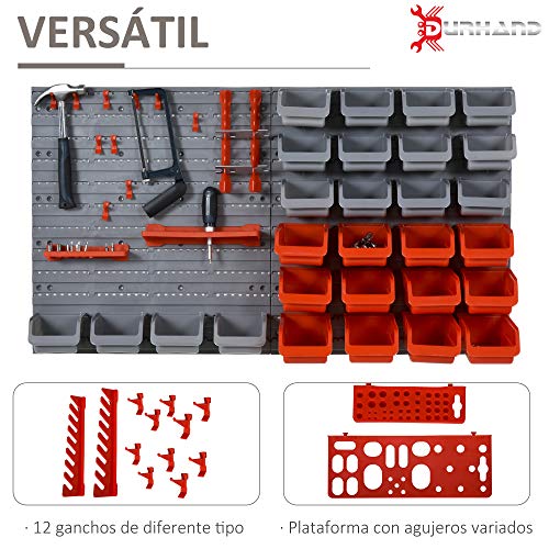 DURHAND Estante de Pared Organizador para Herramientas Estanterías de Almacenaje con 28 Cajas Apilables y Diferentes Ganchos 63,5x22,5x95,5cm Gris y Rojo