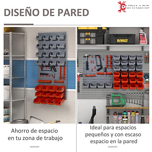 DURHAND Estante de Pared Organizador para Herramientas Estanterías de Almacenaje con 28 Cajas Apilables y Diferentes Ganchos 63,5x22,5x95,5cm Gris y Rojo