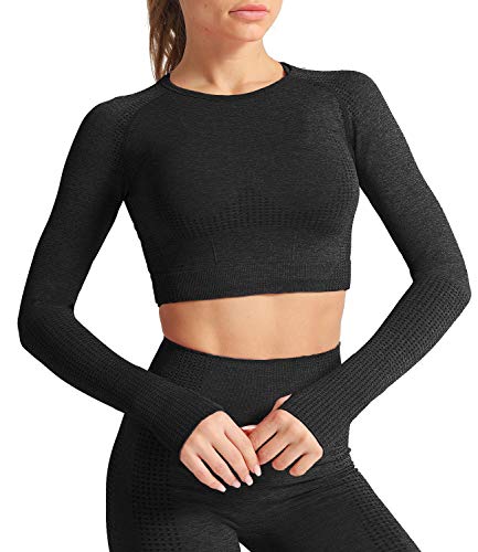 DUROFIT Camiseta Deportiva de Manga Larga para Mujer, Tiktok Crop Top Transpirable, para Yoga, Fitness, Correr, de Manga Larga Negro S