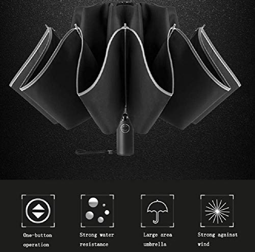 DZX Mochila Liviana, Paraguas automático Plegable inverso para Negocios con Tiras Reflectantes Paraguas Lluvia para Hombres Mujeres a Prueba de Viento Hombre sombrilla (Color: Negro)