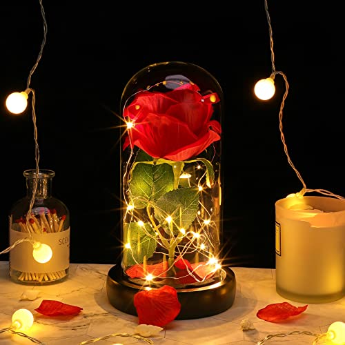 E-MANIS Kit de Rosas,La Bella y La Bestia Rosa Encantada,Elegante Cúpula de Cristal con Base Pino Luces LED,Beauty and Regalos Magicos Decoración para Día de San Valentín Aniversario Bodas