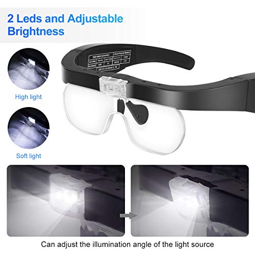 E-More Lupa con luz 2 LED Lupas de Gran Aumento Perfecto para Leer, Extensiones de Reparación de Joyería,Tarcrafter Gafas Lupa Visera y 4 Lentes Intercambiable1.5X, 2.5X, 3.5X, 5X.