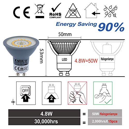 EACLL Bombillas LED GU10 Blanco Cálido 4.8W Reemplaza 70W Halógena, Pack de 10, Focos Sin Parpadeo AC 230V, 2700K 515 Lúmenes 120 ° Spotlight, Lámpara Reflectora no Regulable