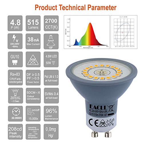 EACLL Bombillas LED GU10 Blanco Cálido 4.8W Reemplaza 70W Halógena, Pack de 10, Focos Sin Parpadeo AC 230V, 2700K 515 Lúmenes 120 ° Spotlight, Lámpara Reflectora no Regulable