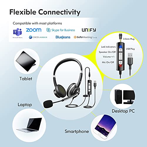 Earbay Auriculares Con Micrófono Con Micrófono Con Cancelación De Ruido Para Pc, Auriculares De Computadora Usb Control De Volumen, 3.5mm Cascos Con Cable Para Laptop, Iphone, Zoom, Skype, Ms Teams
